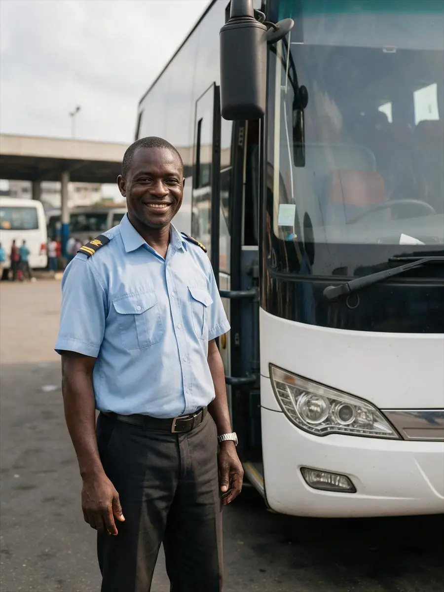 Chauffeur de car interurbain souriant devant son autocar, à la gare routière
