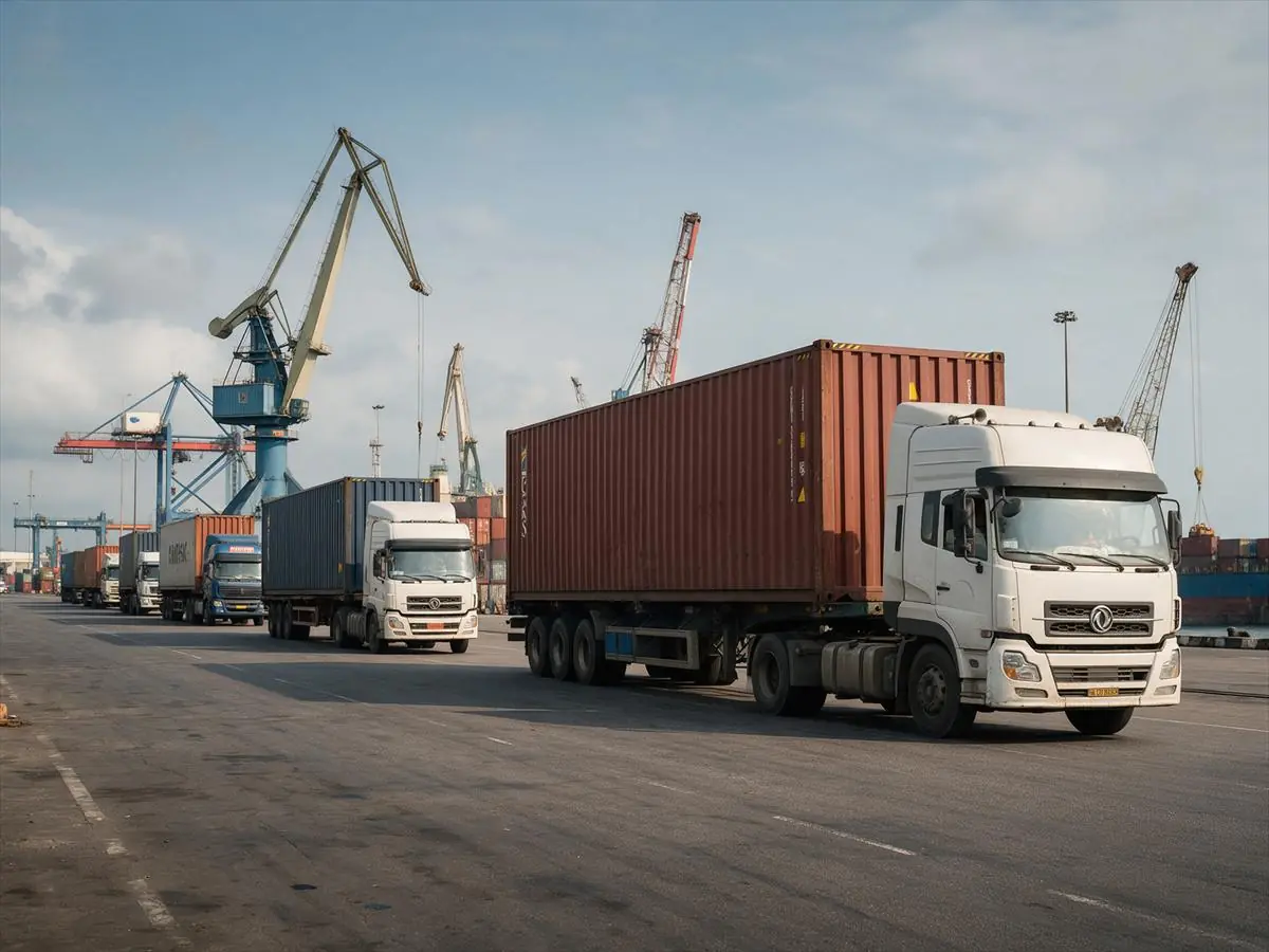 Camions porte-conteneurs quittant le port de Douala