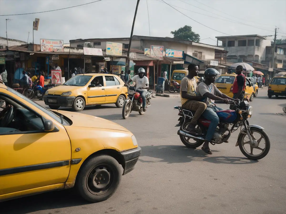 Taxis jaunes et moto-taxis dans une rue animée de Douala